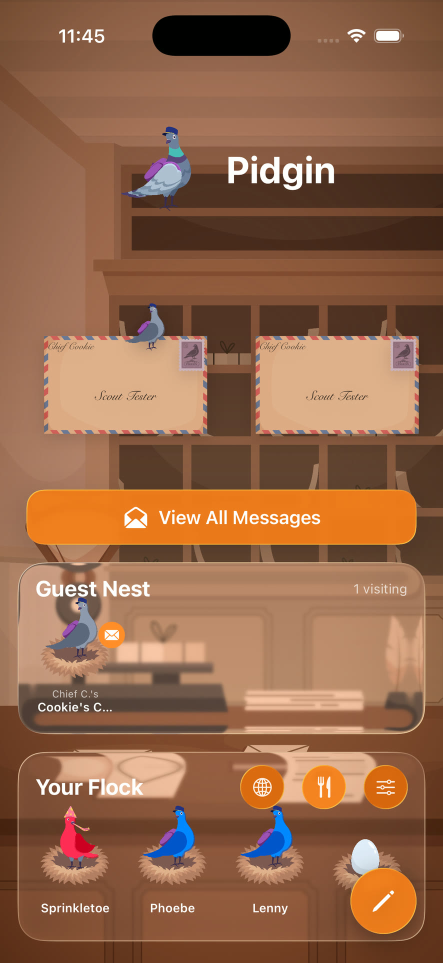 Pidgin home screen — letters arriving at your post office